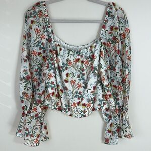 Alice + Olivia Square Neck Cropped Blouse Balloon Sleeve Floral Vintage Size Lar